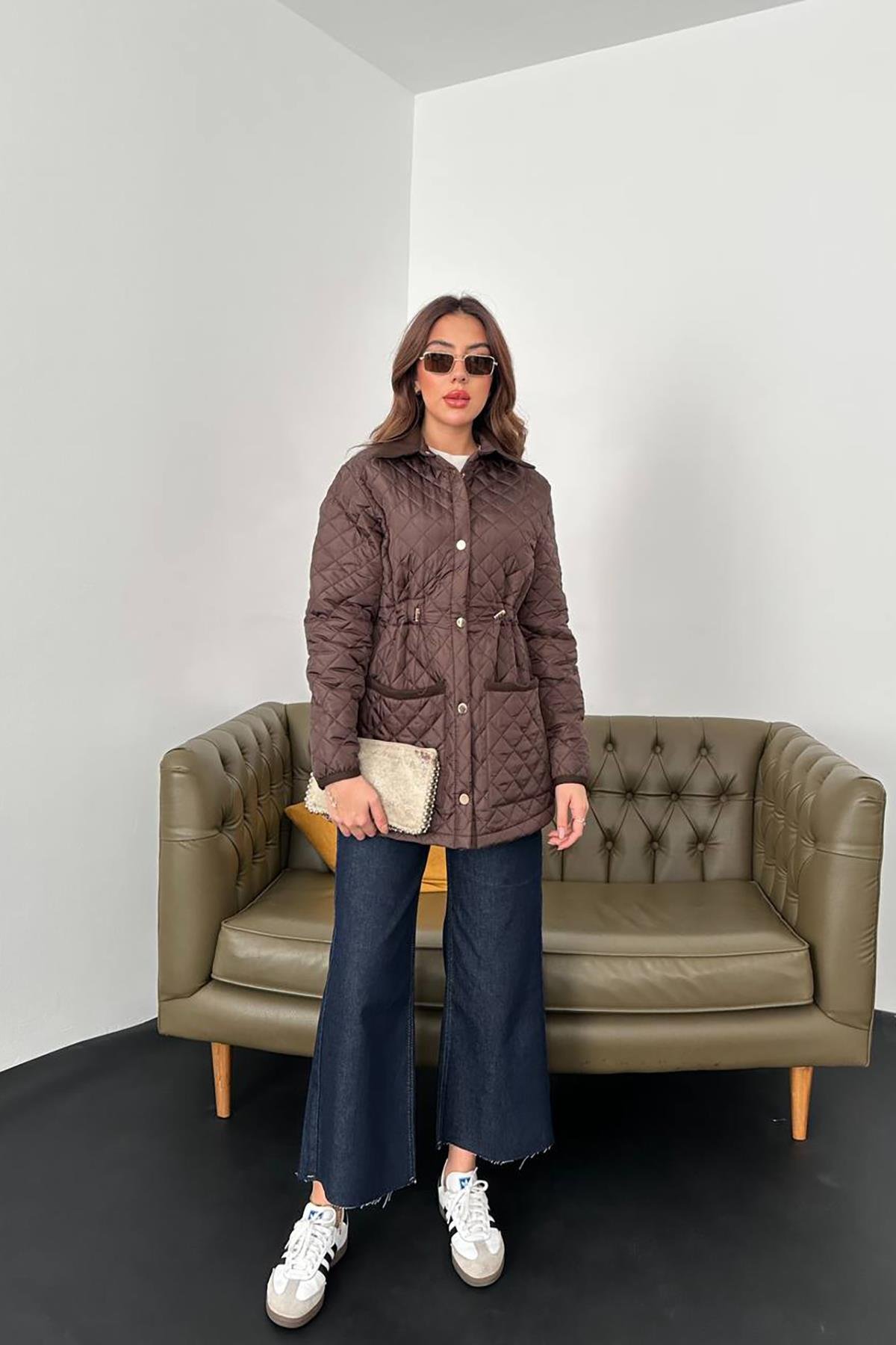 Toptan Kahverengi Yakası Süet Kapitone Ceket