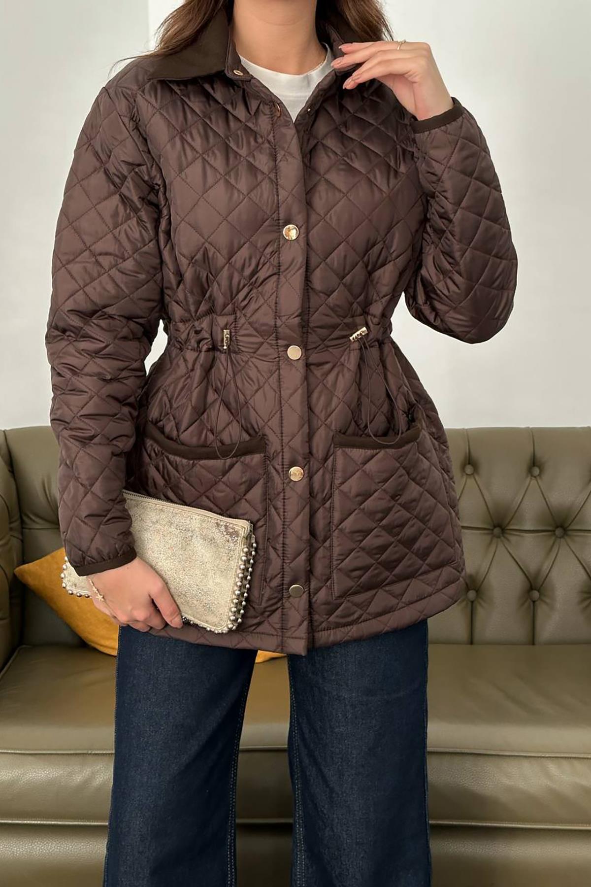 Toptan Kahverengi Yakası Süet Kapitone Ceket