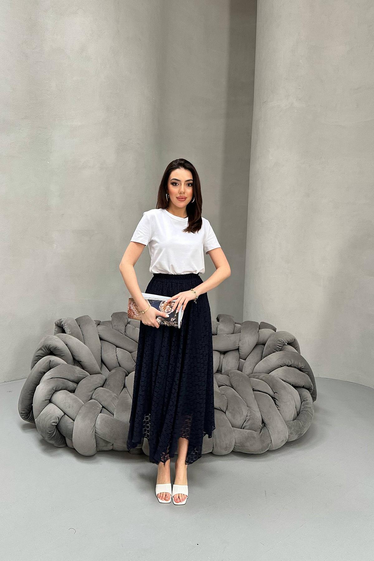 Toptan Lacivert Dantelli Etek