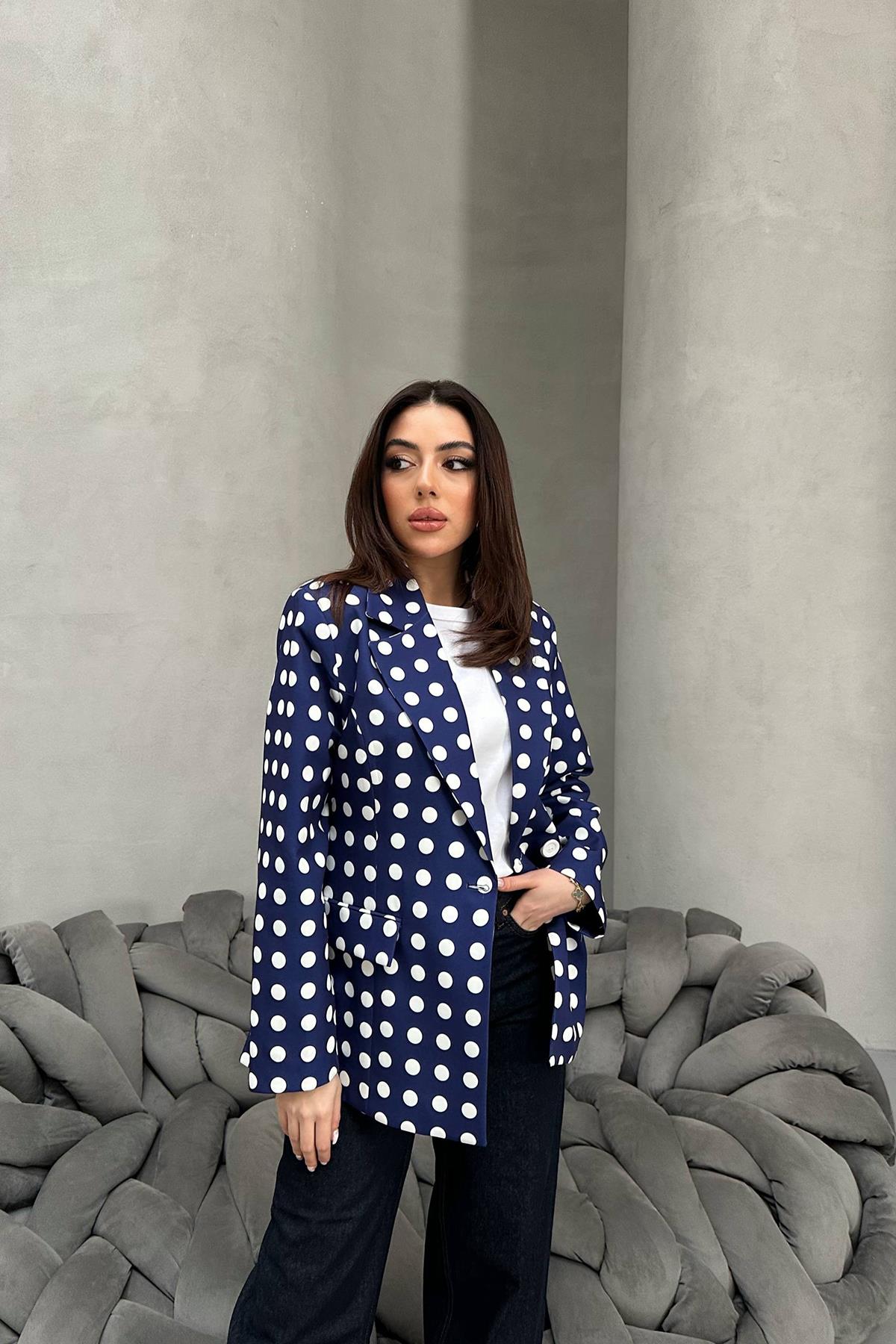 Toptan Lacivert Puantiyeli Blazer Ceket