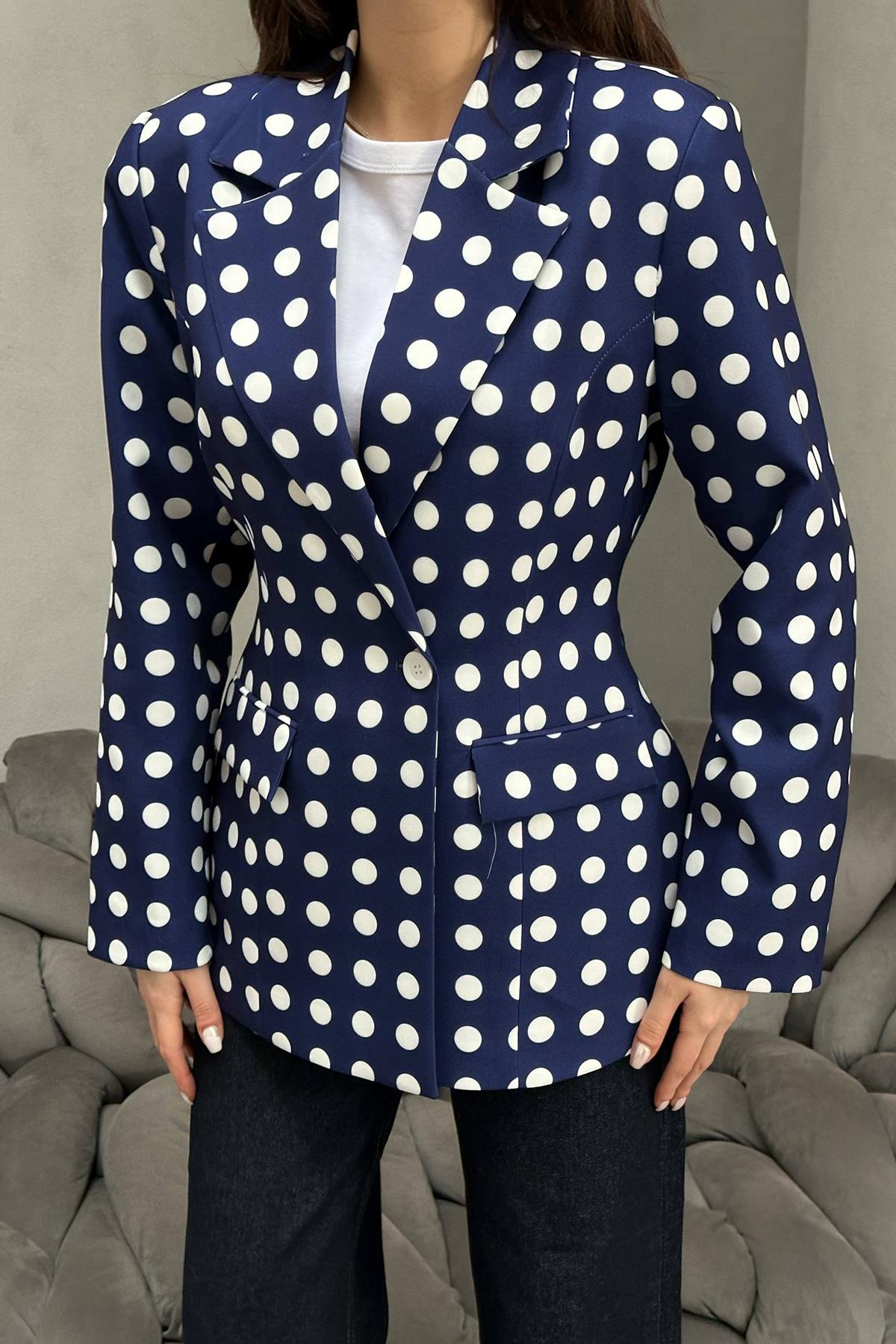 Toptan Lacivert Puantiyeli Blazer Ceket