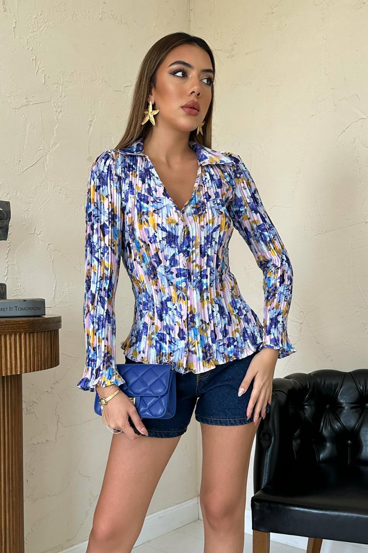 Оптовая продажа сиреневой плиссированной рубашки с цветочным узором