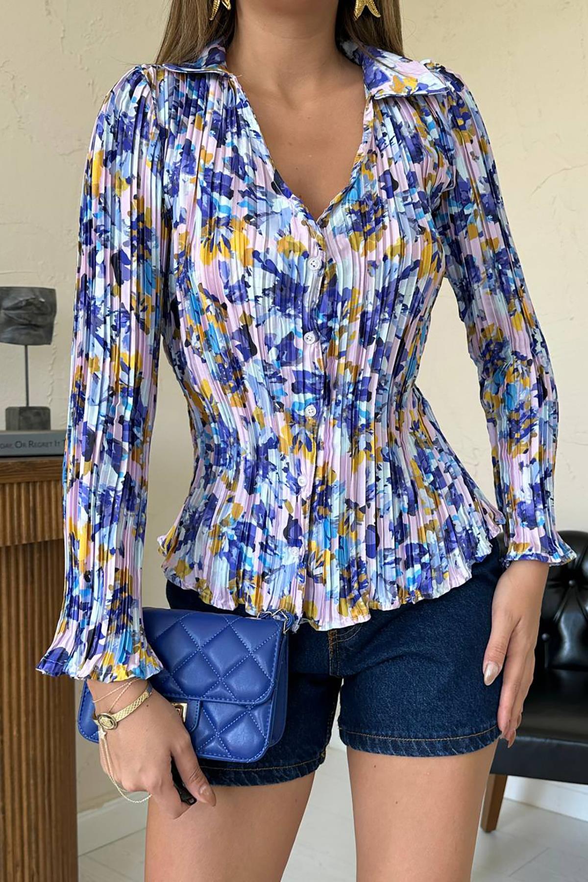 Оптовая продажа сиреневой плиссированной рубашки с цветочным узором