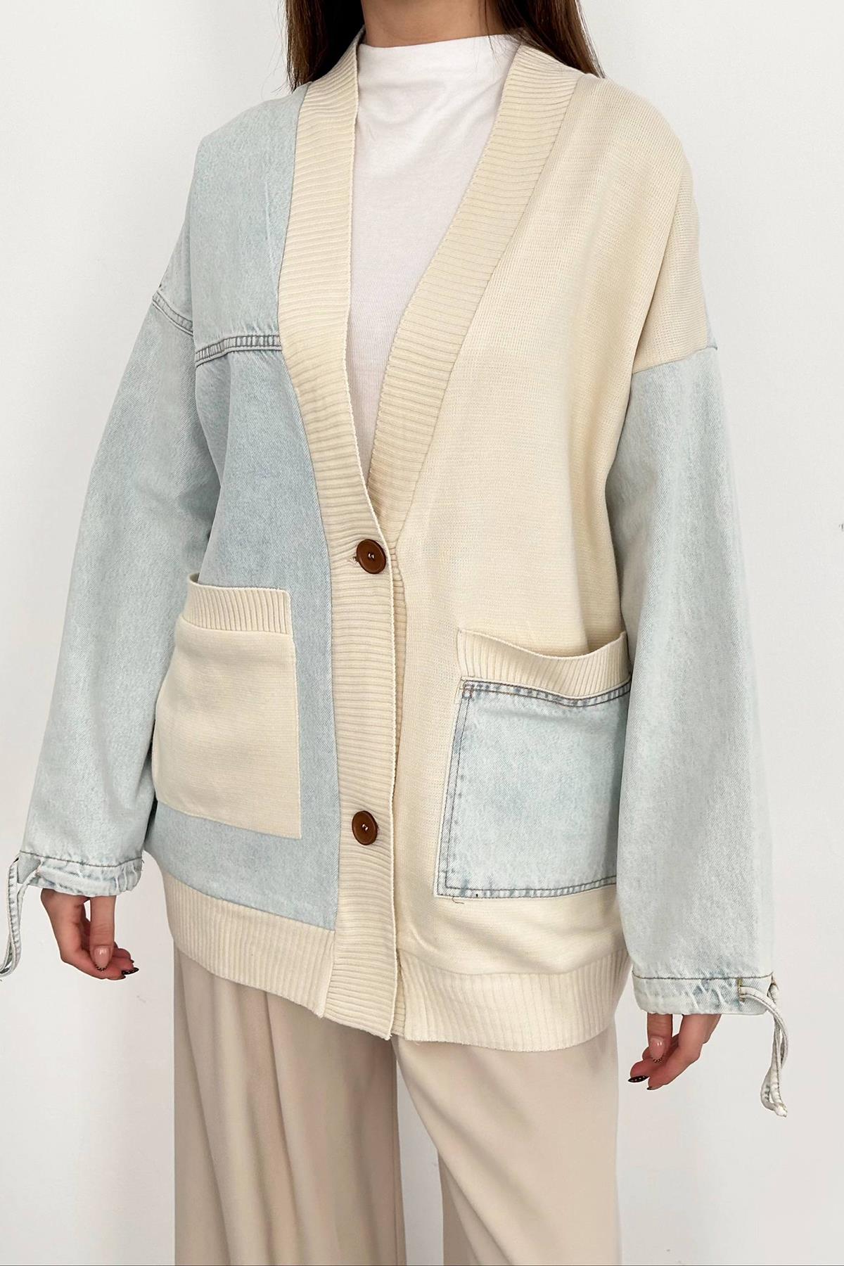 Wholesale Blue Garnished Denim Cardigan