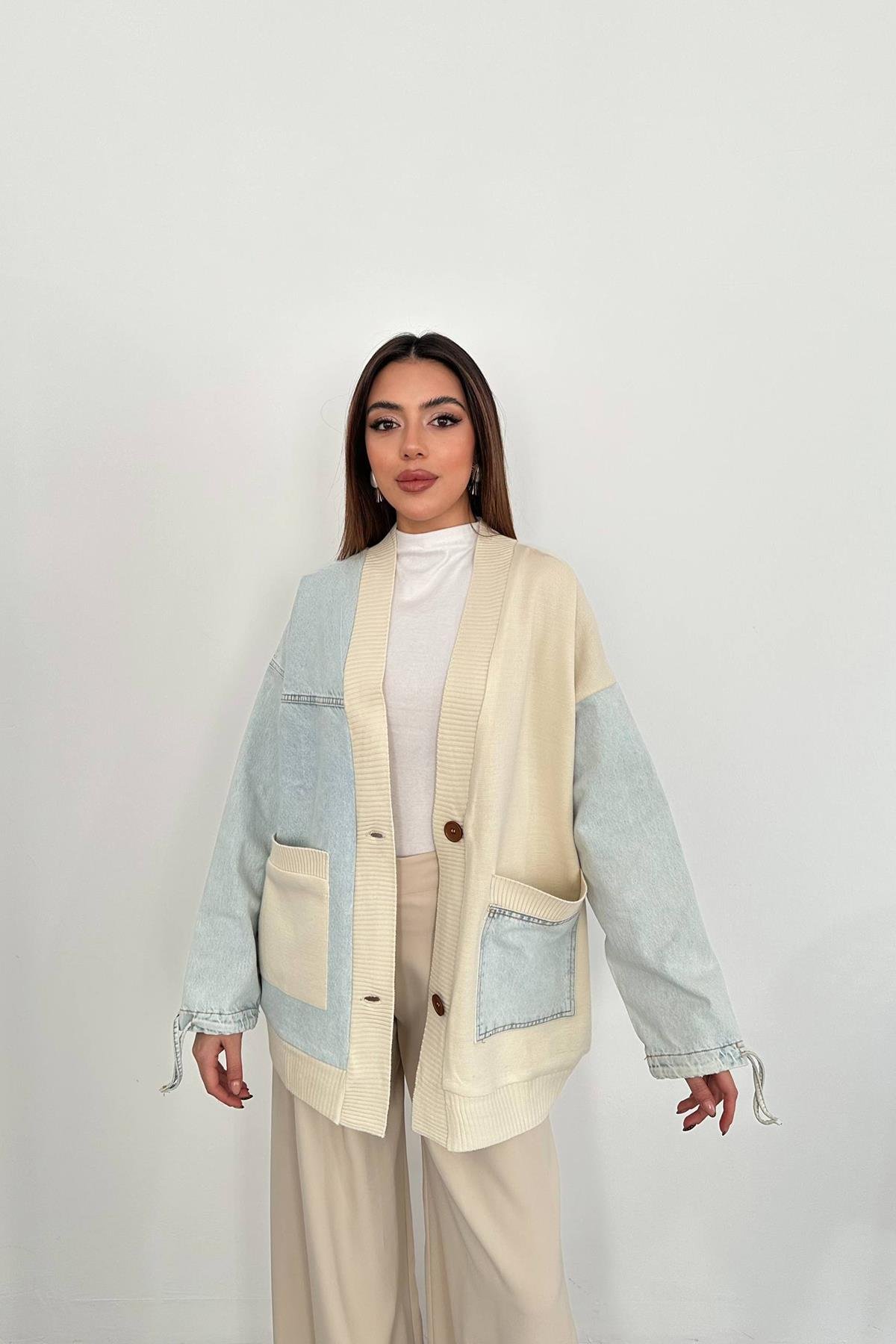 Wholesale Blue Garnished Denim Cardigan