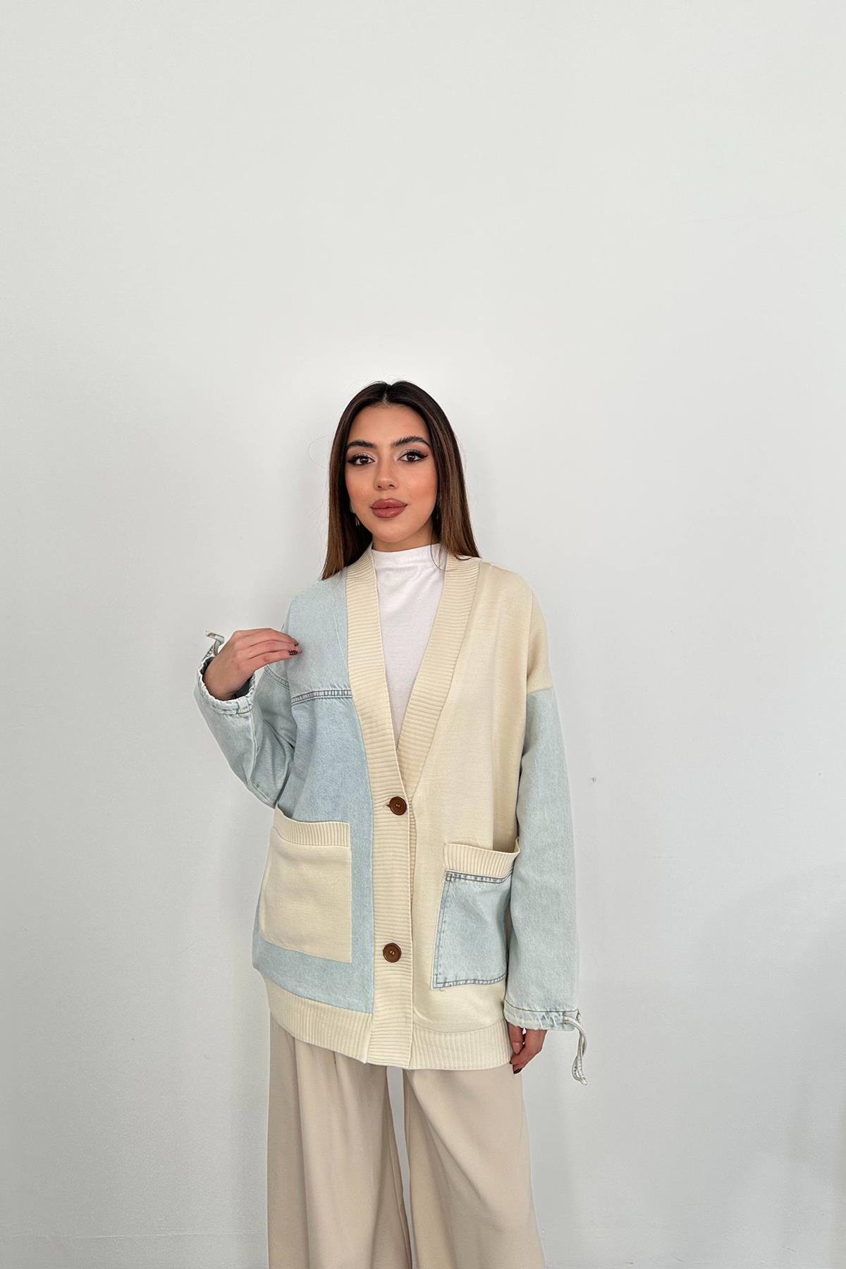 Wholesale Blue Garnished Denim Cardigan