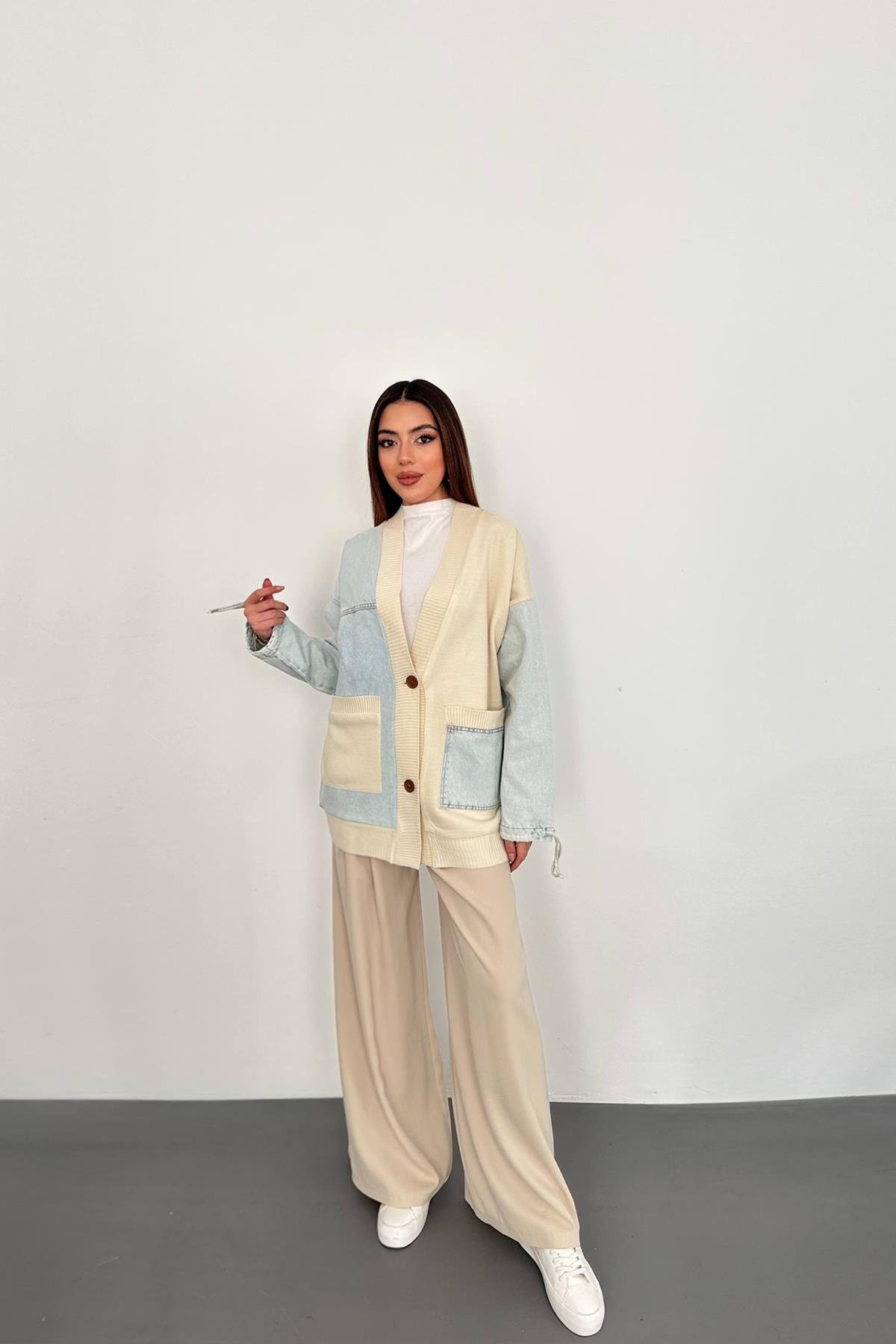 Wholesale Blue Garnished Denim Cardigan