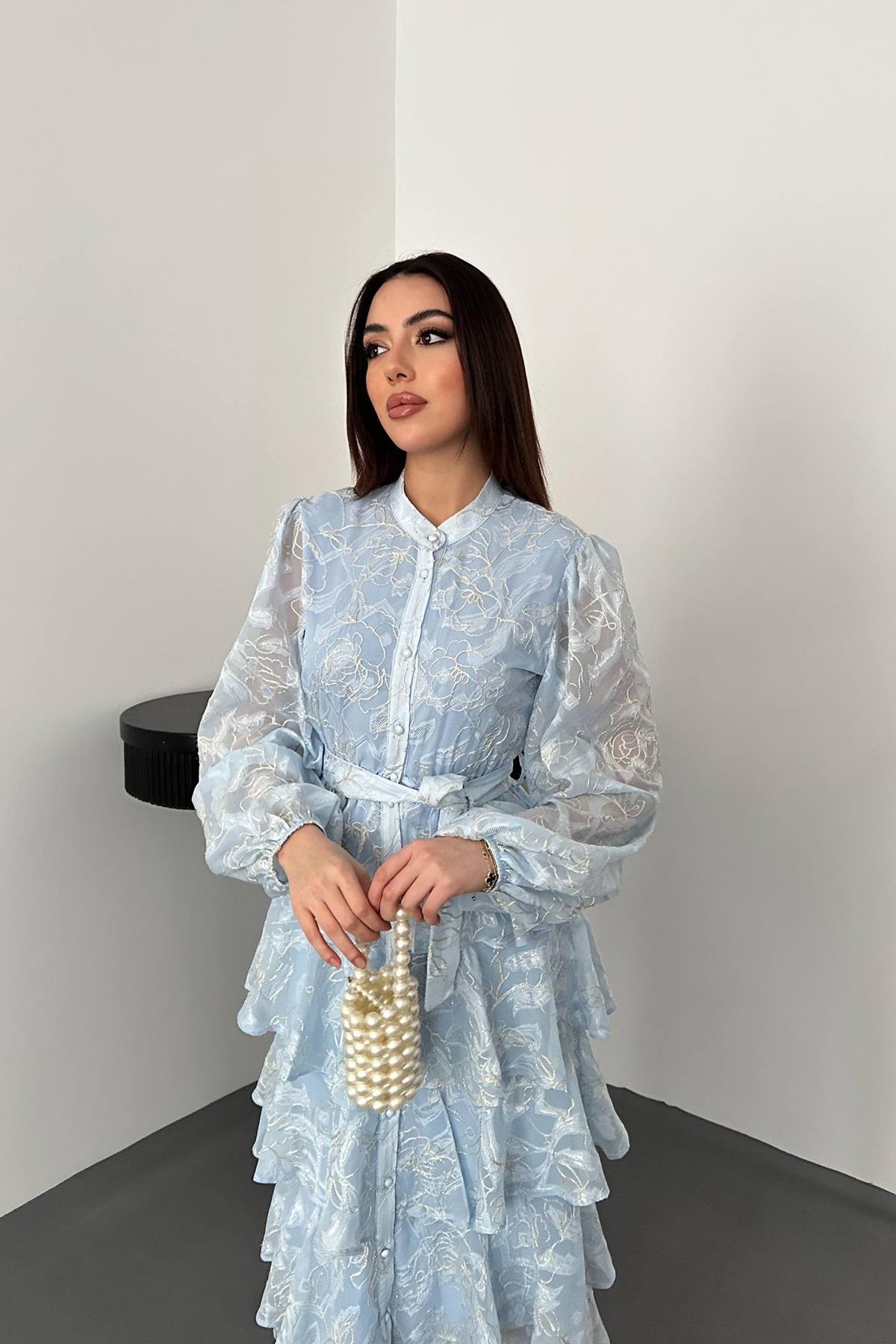 Toptan MAVİ Kat Kat Jakarlı Elbise