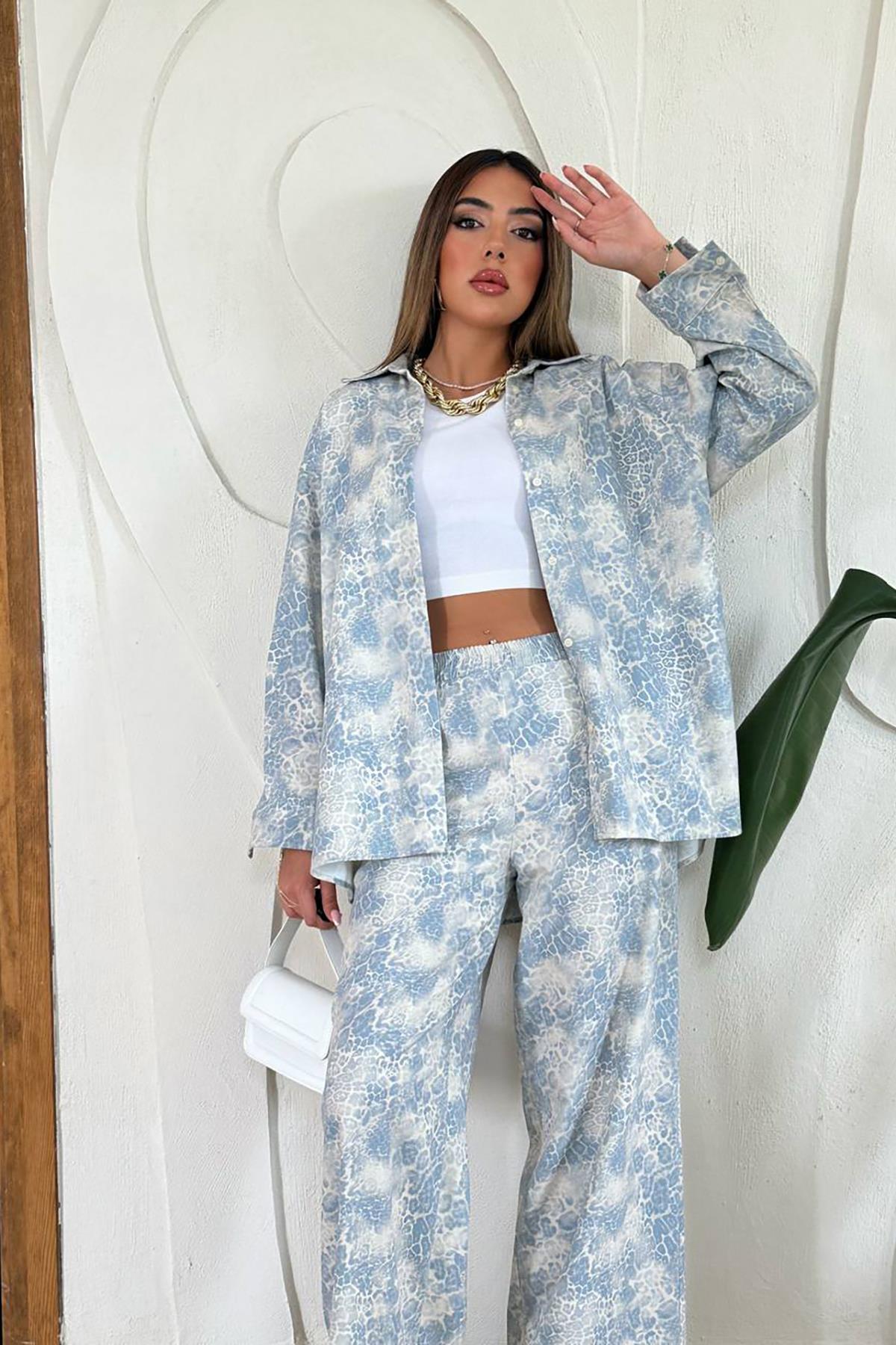 Toptan Mavi Leopar Desenli Ceket ve Pantolon Keten Takım