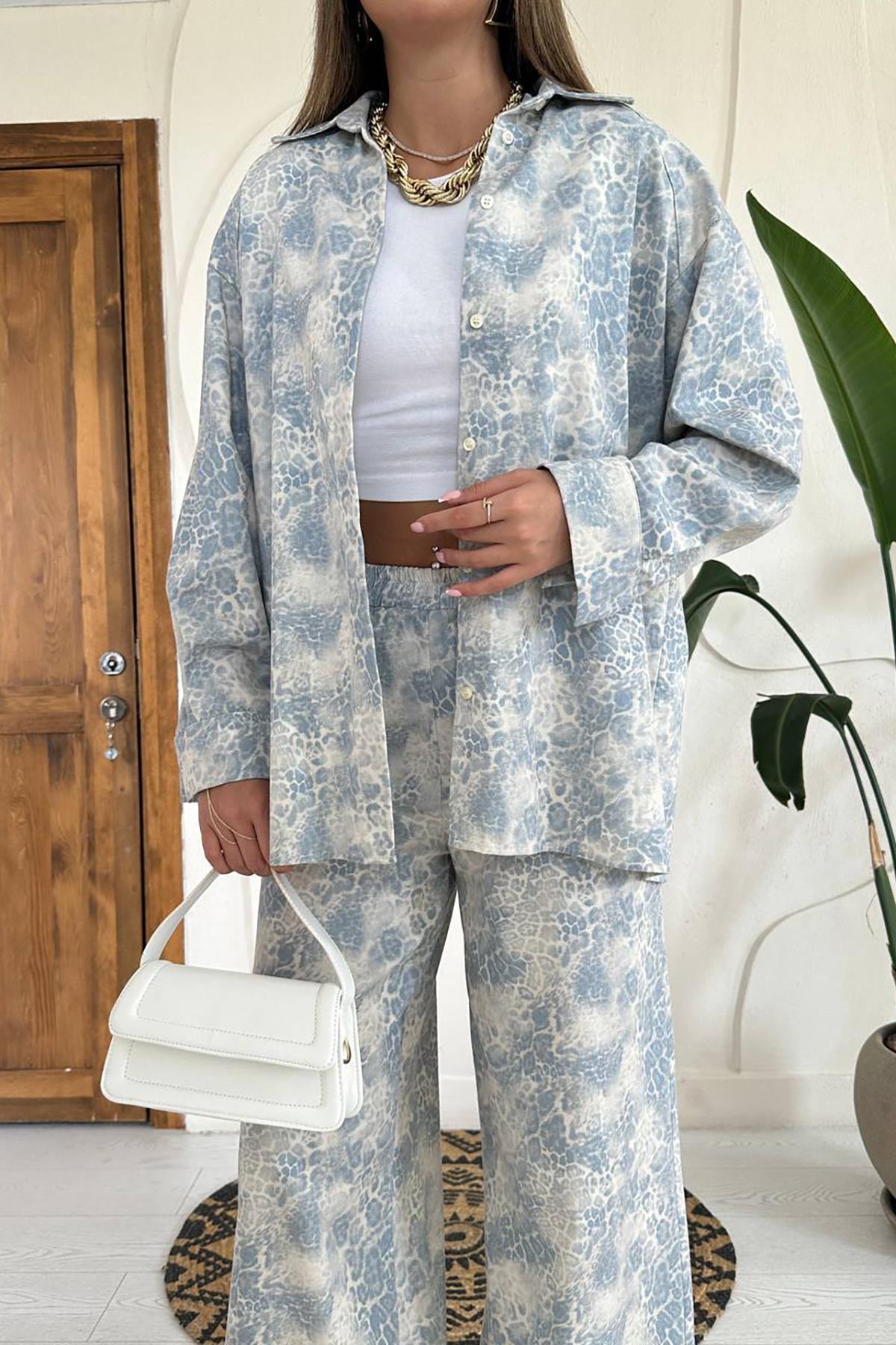 Toptan Mavi Leopar Desenli Ceket ve Pantolon Keten Takım
