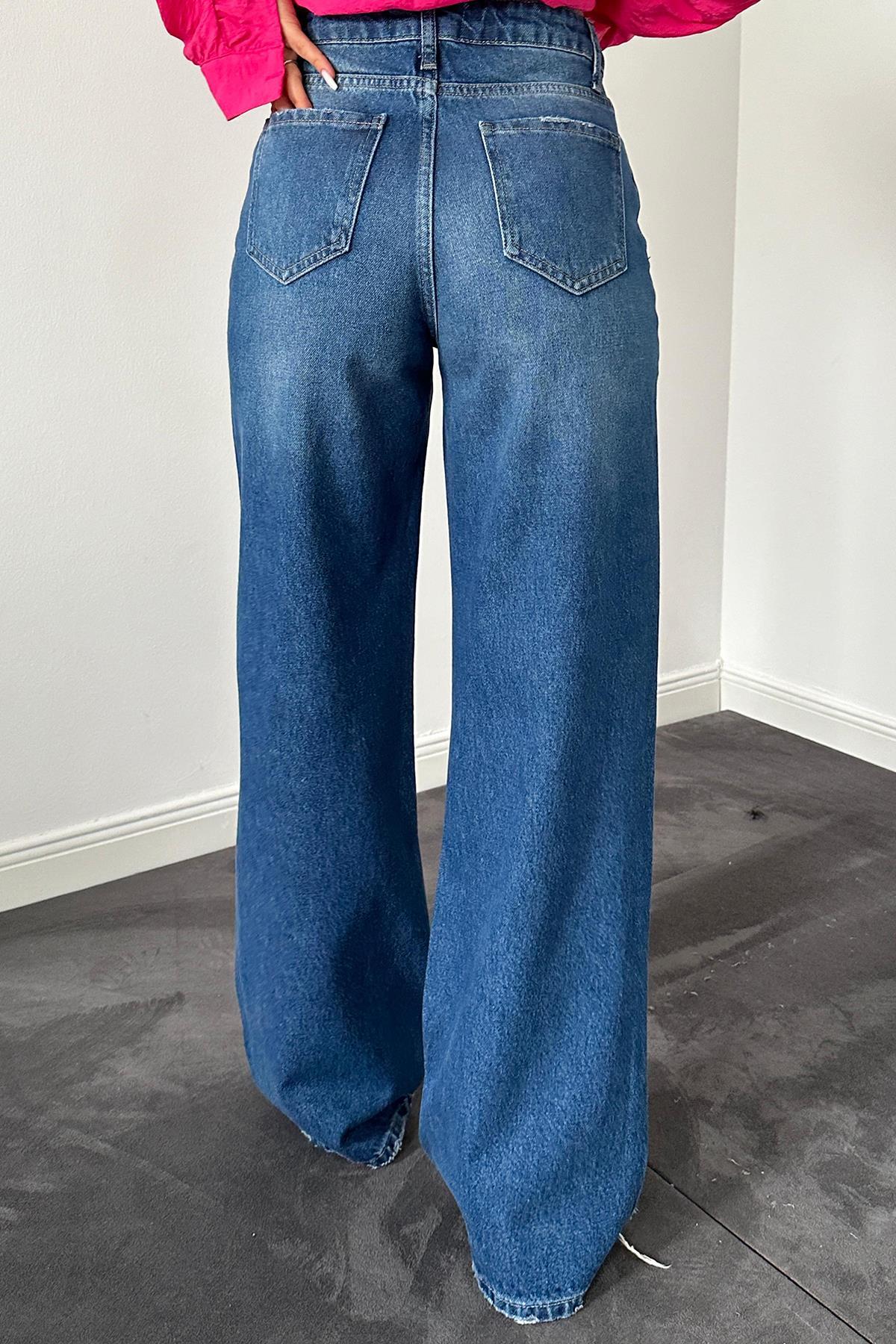 Toptan Mavi Palazzo Lazerli Jeans Pantolon