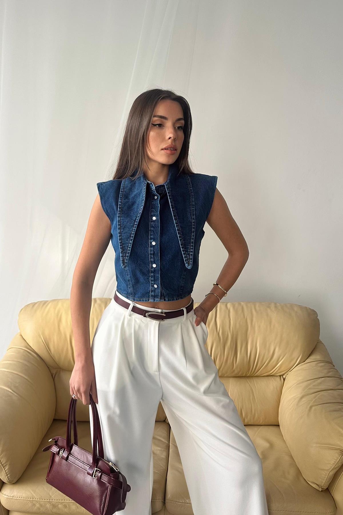 Toptan Mavi Yaka Detaylı Denim Crop