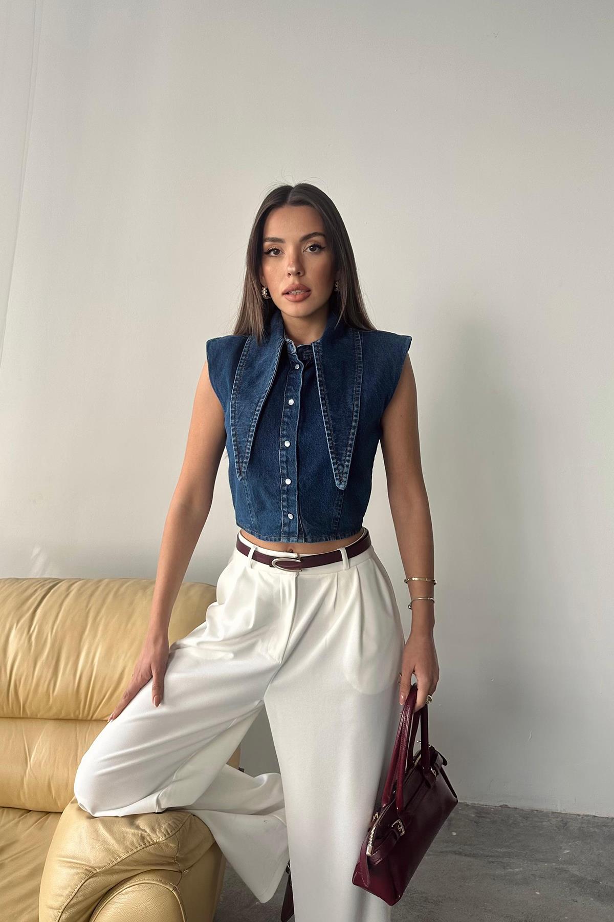 Toptan Mavi Yaka Detaylı Denim Crop