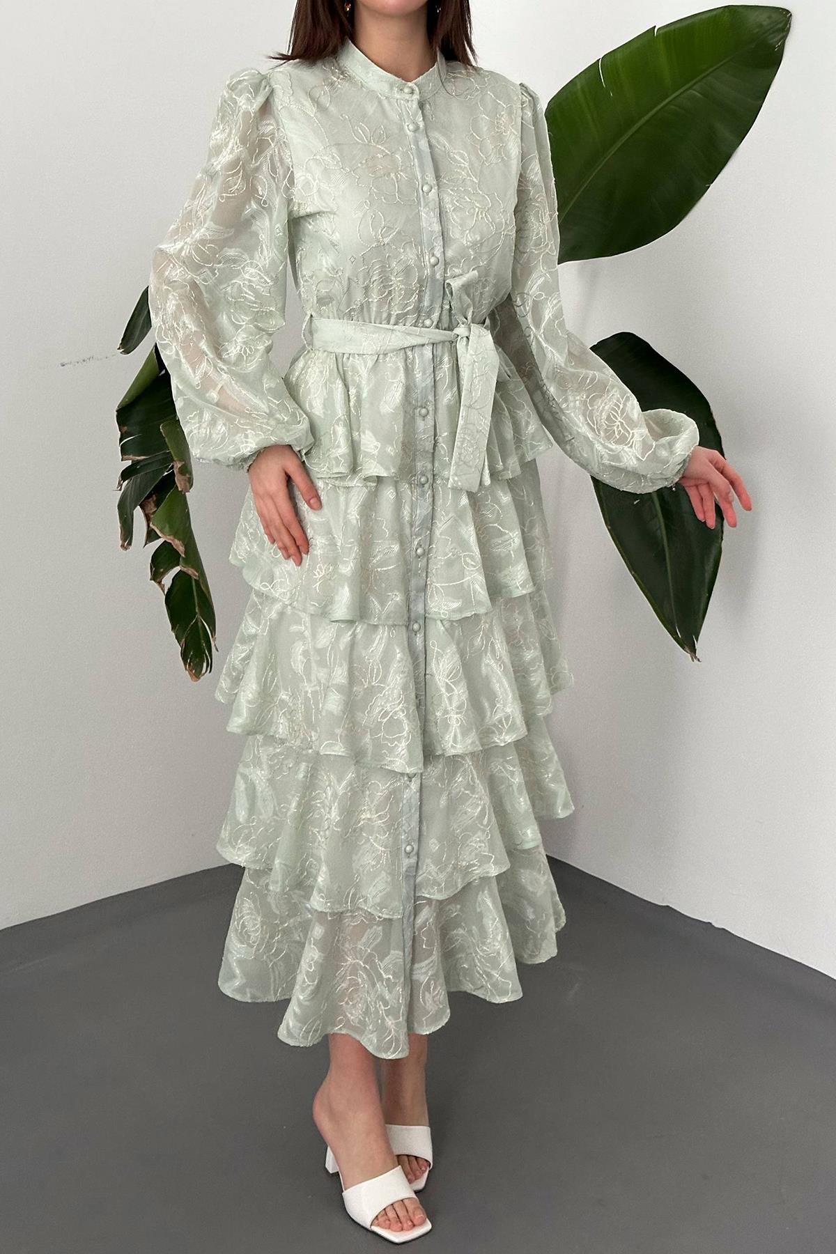 Toptan MİNT Kat Kat Jakarlı Elbise