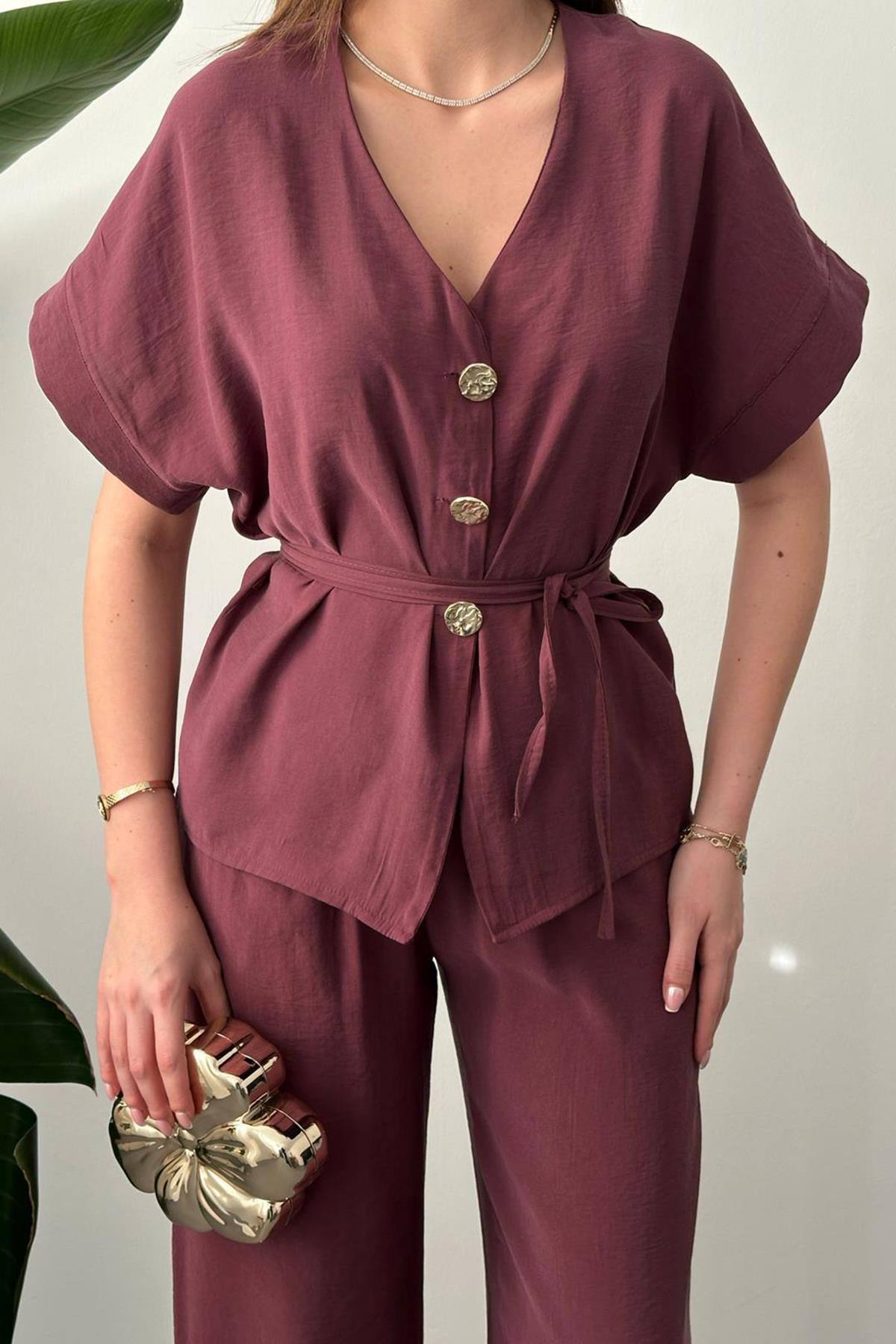 Toptan Mürdüm Düğme Detaylı İkili Modal Takım