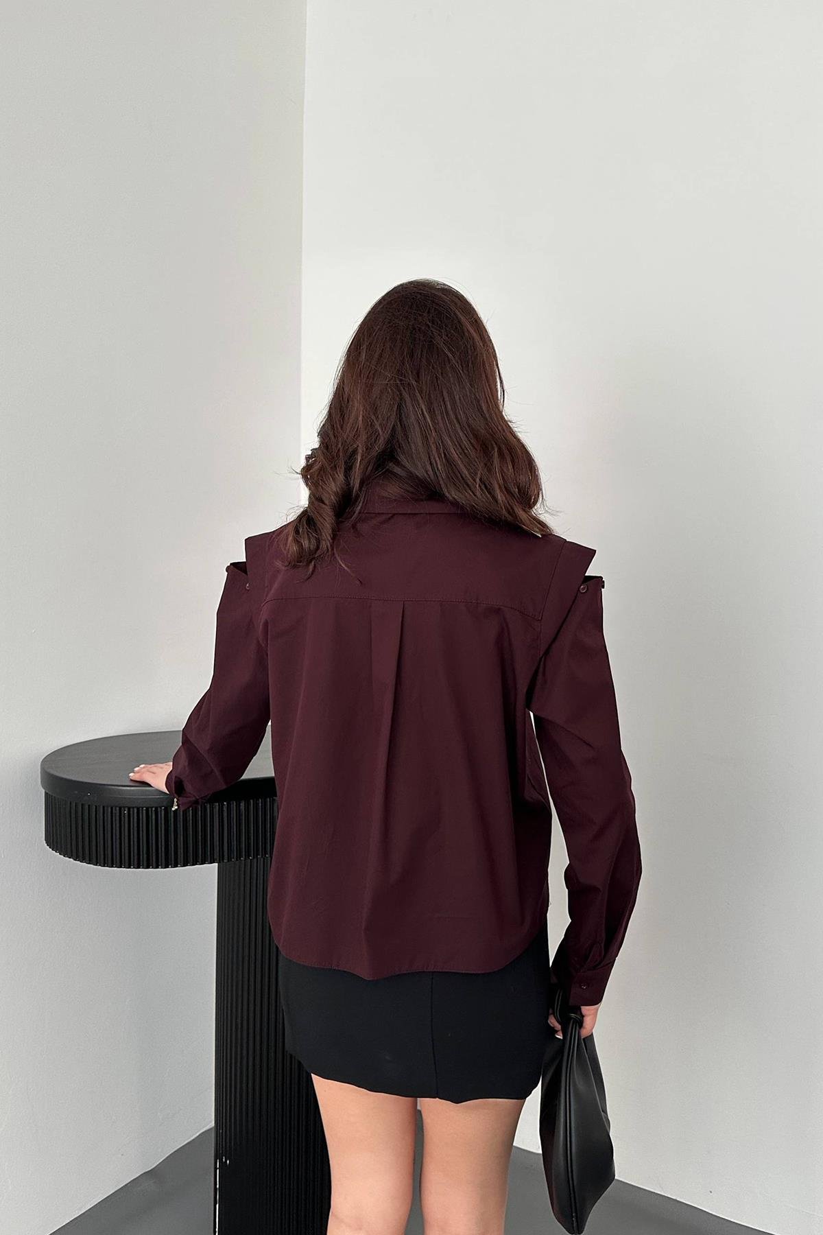 Toptan Mürdüm Peto Cepli Poplin Gömlek