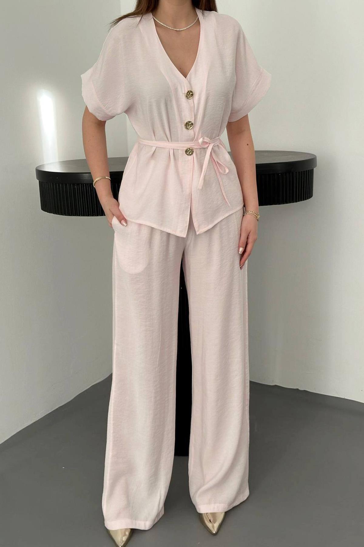 Toptan Pembe Düğme Detaylı İkili Modal Takım