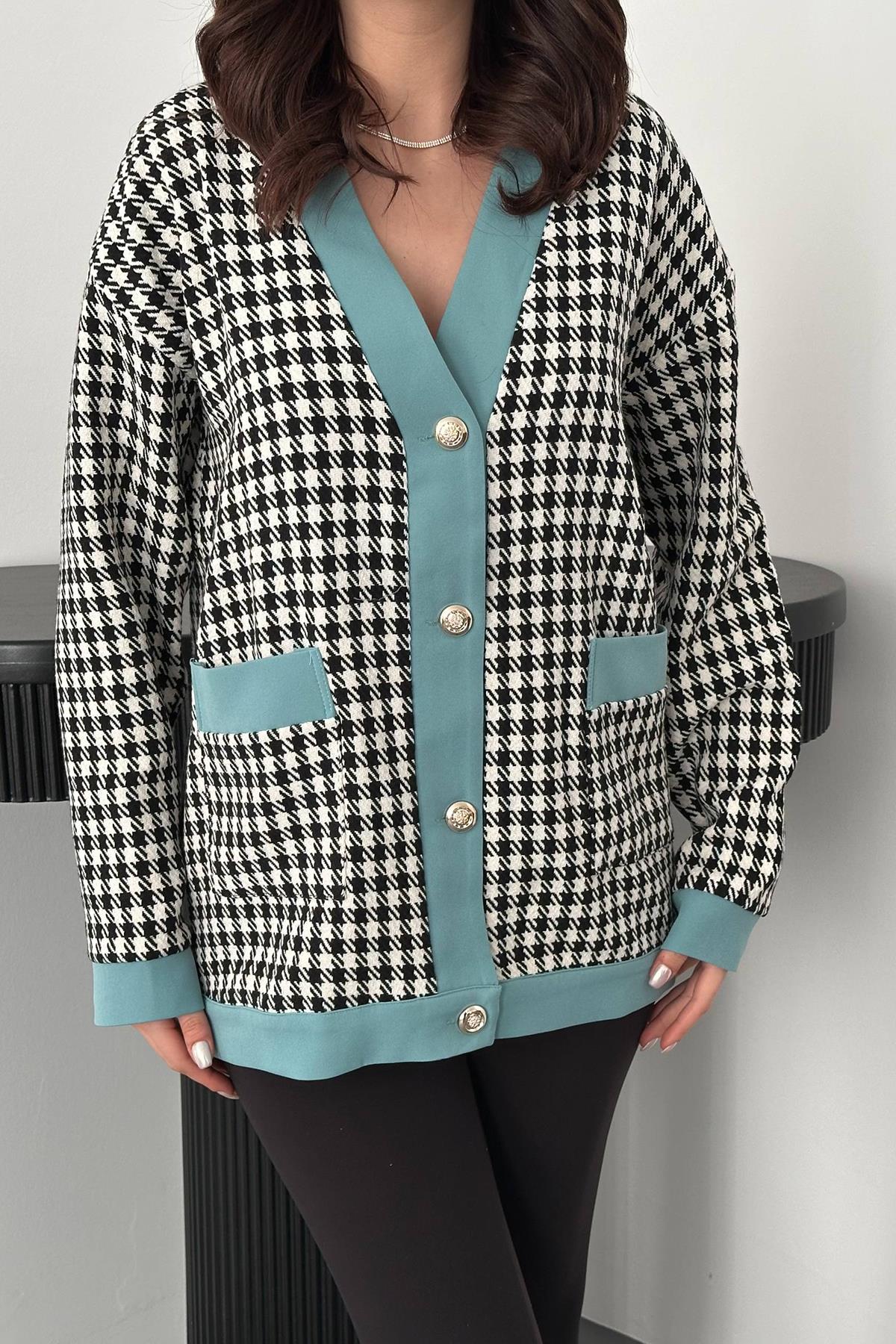 Wholesale Black Atlas Garnished Houndstooth Cardigan