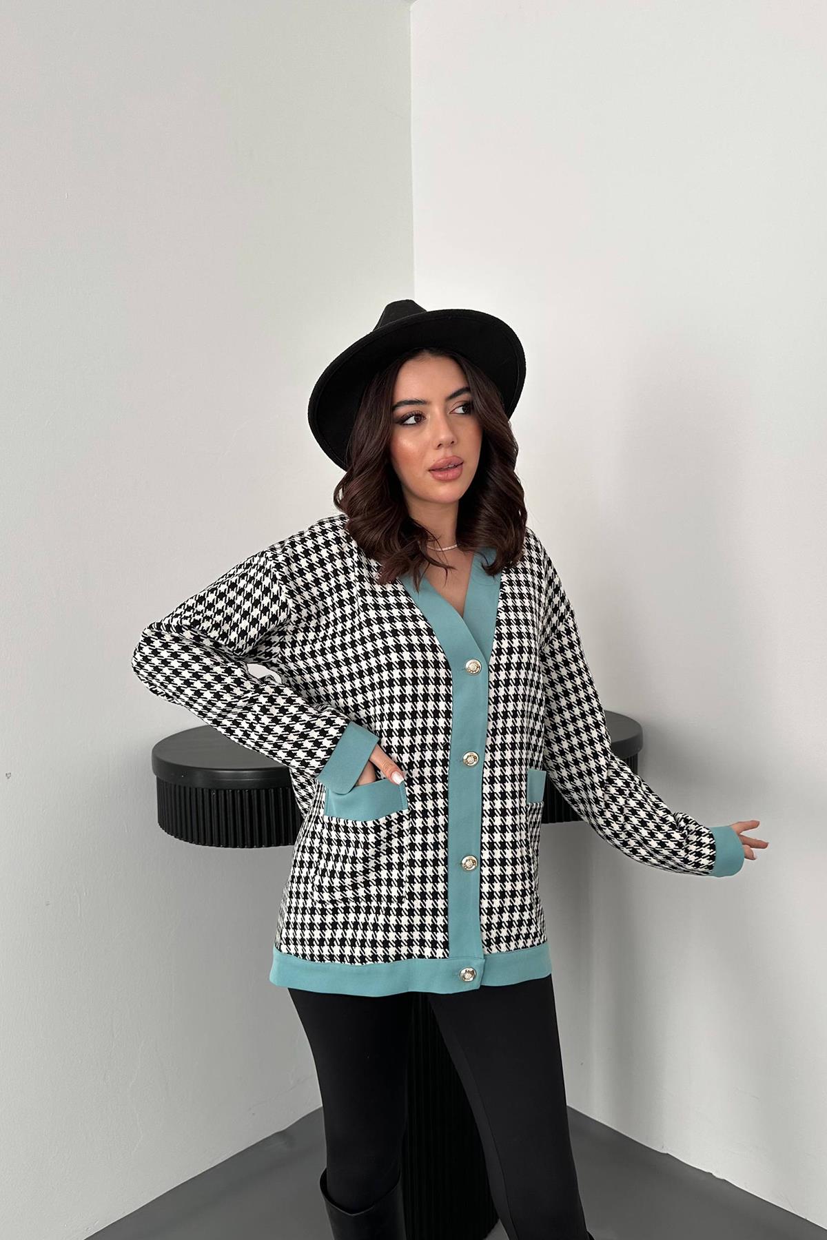 Wholesale Black Atlas Garnished Houndstooth Cardigan