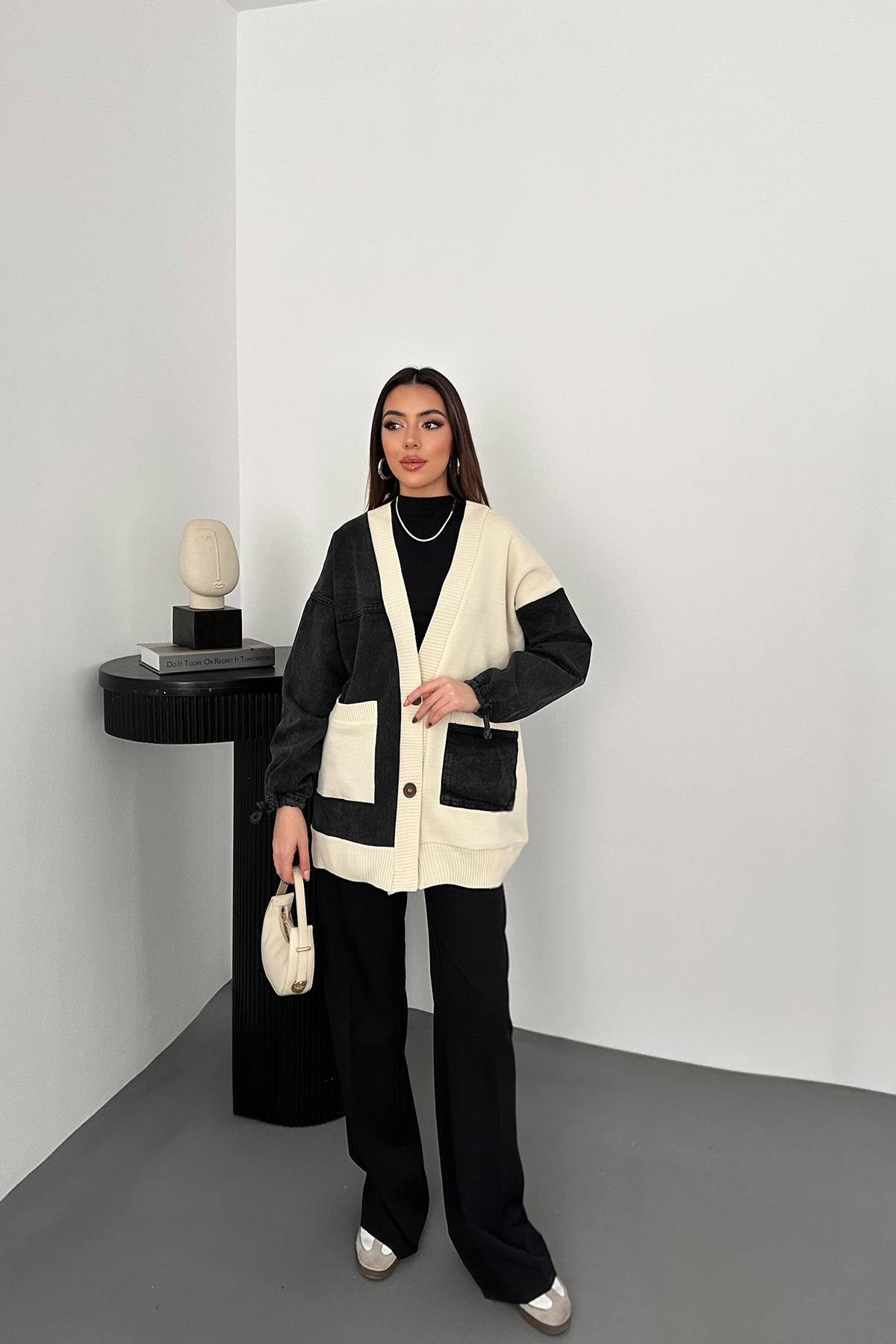 Wholesale Black Garnished Denim Cardigan