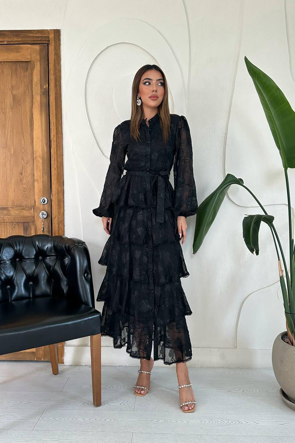 Toptan Siyah Kat Kat Volanlı Elbise