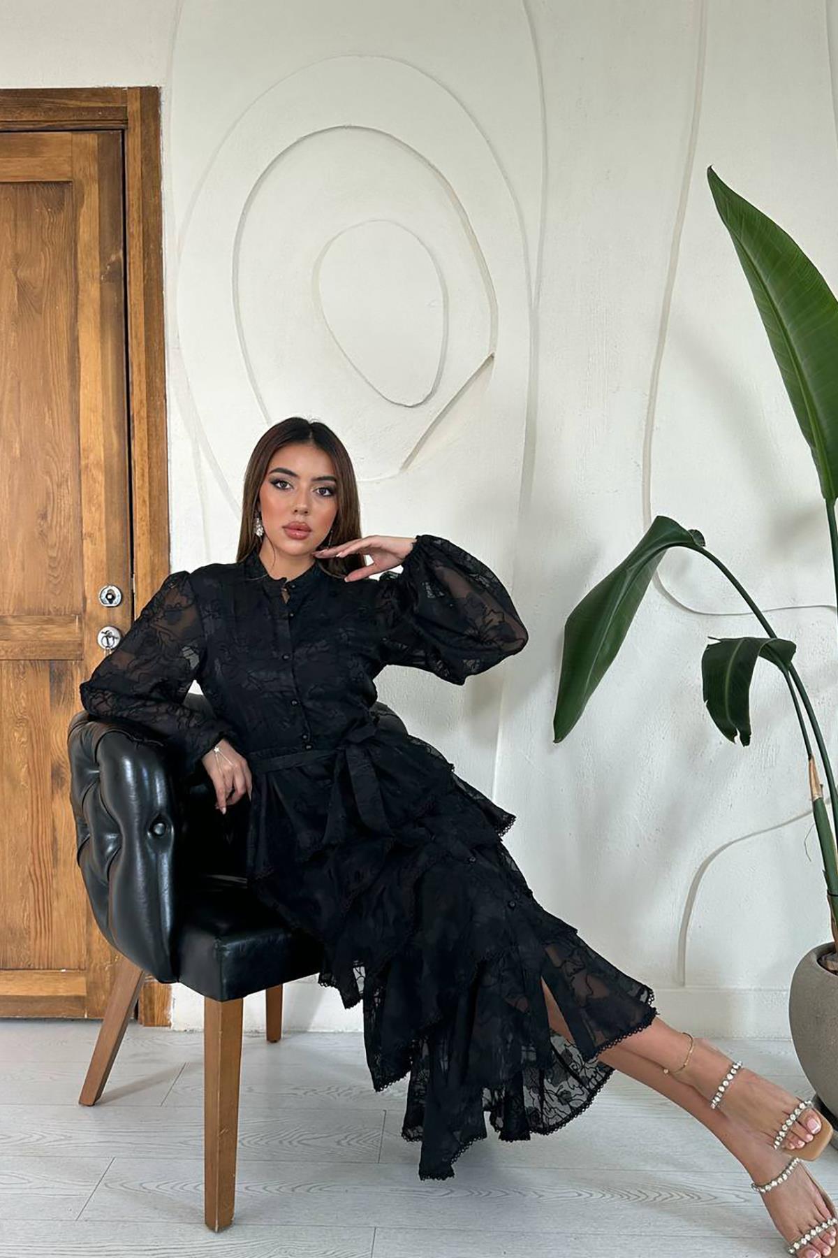 Toptan Siyah Kat Kat Volanlı Elbise