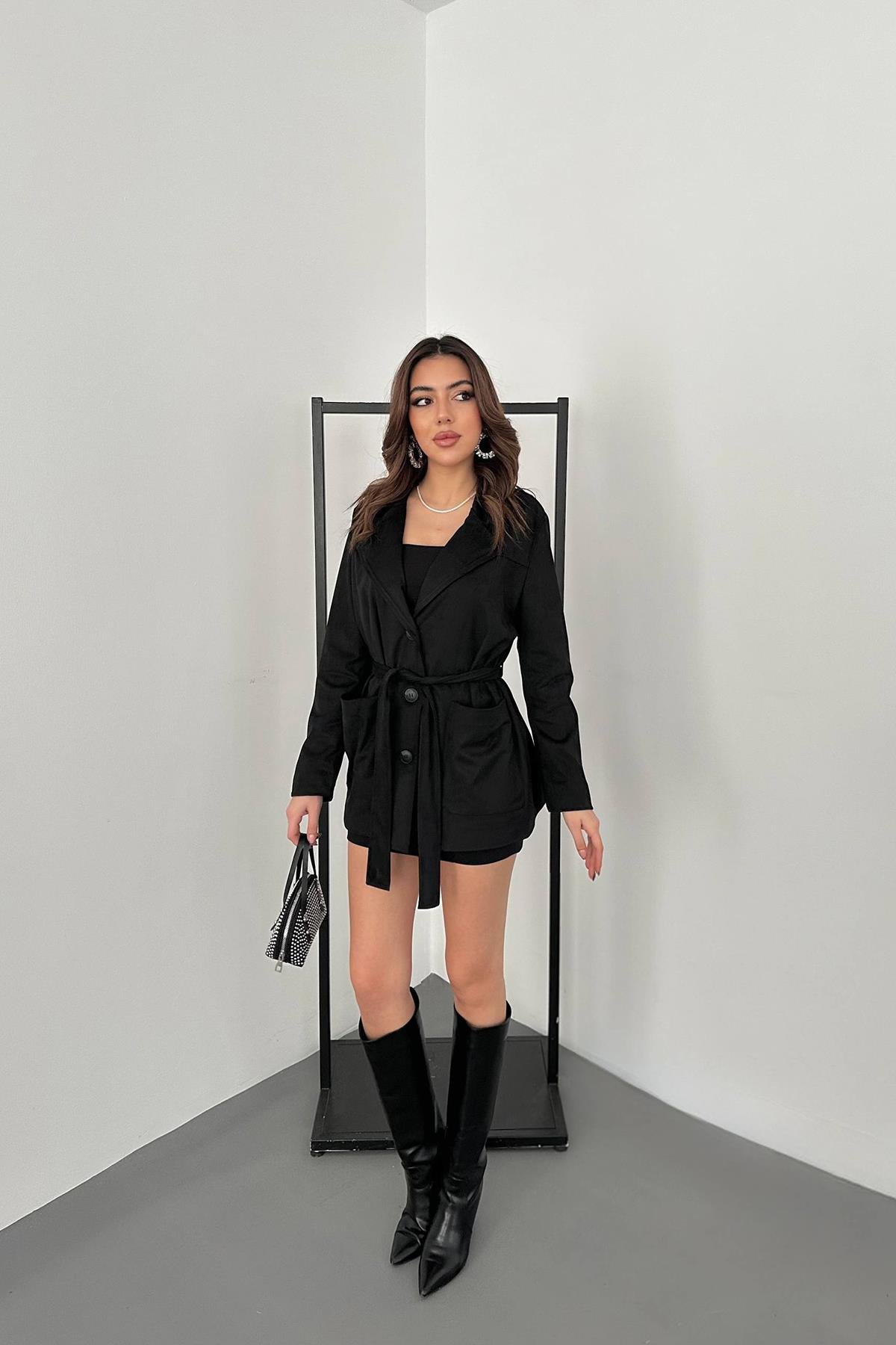 Toptan Siyah Süet Bağlamalı Ceket