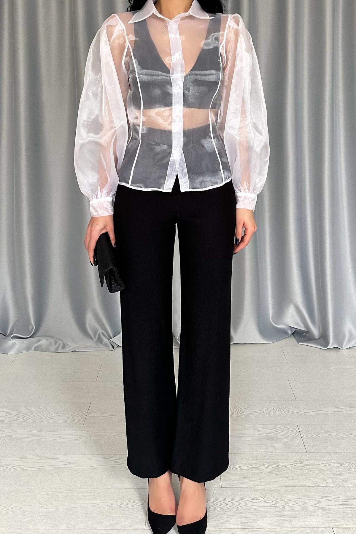 Toptan Siyah Yaka Bluz Ve Pantolon Siyah