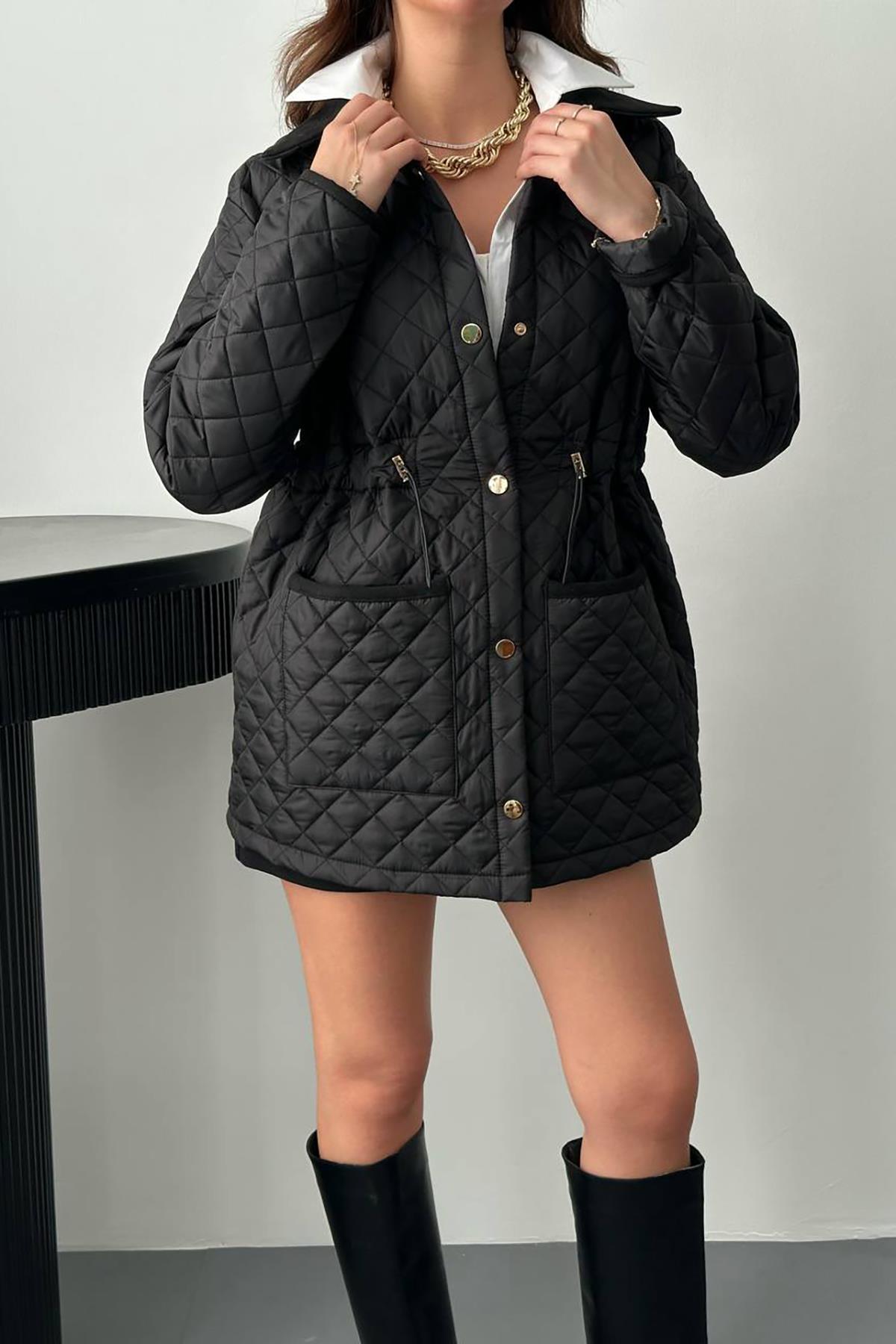 Toptan Siyah Yakası Süet Kapitone Ceket