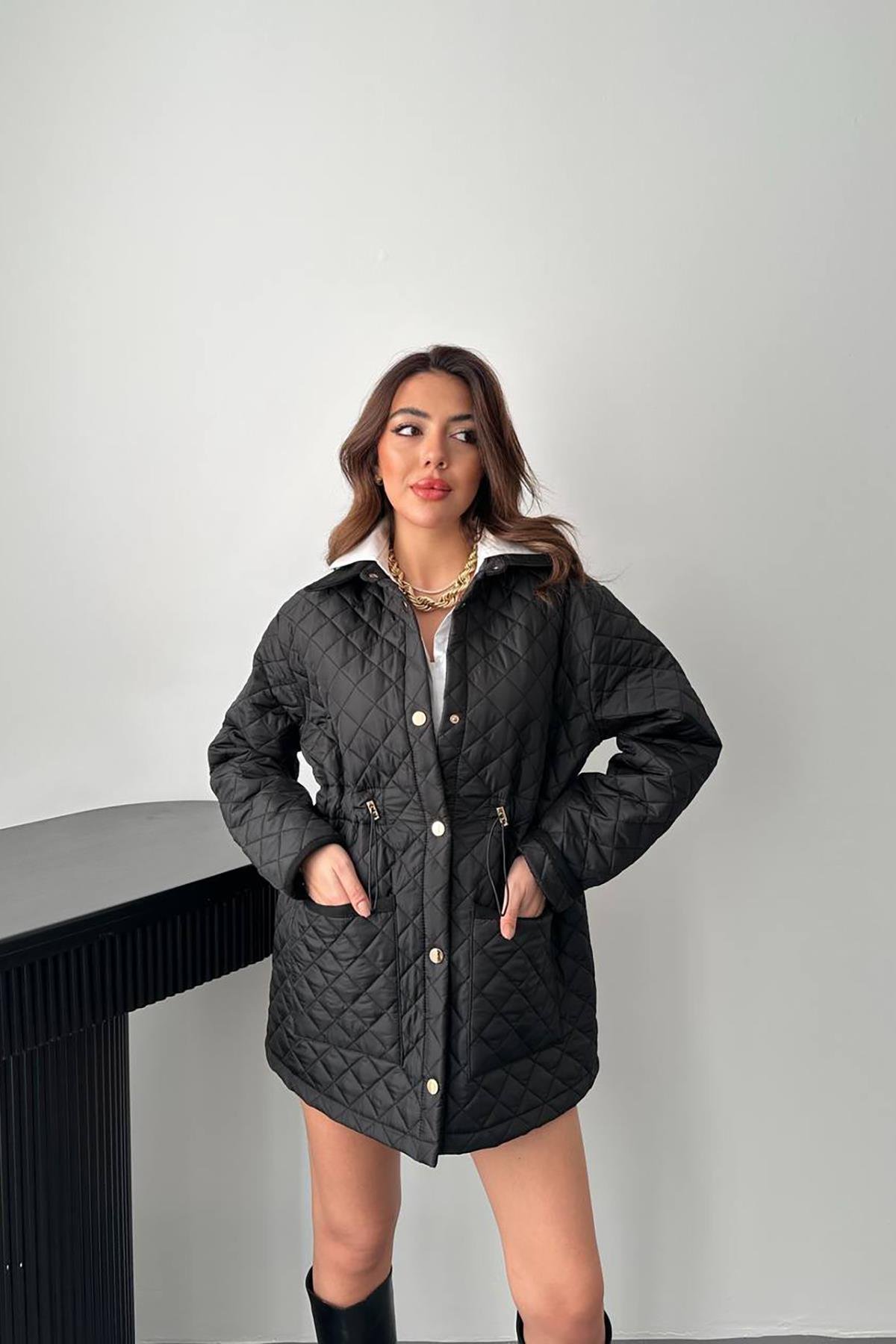 Toptan Siyah Yakası Süet Kapitone Ceket