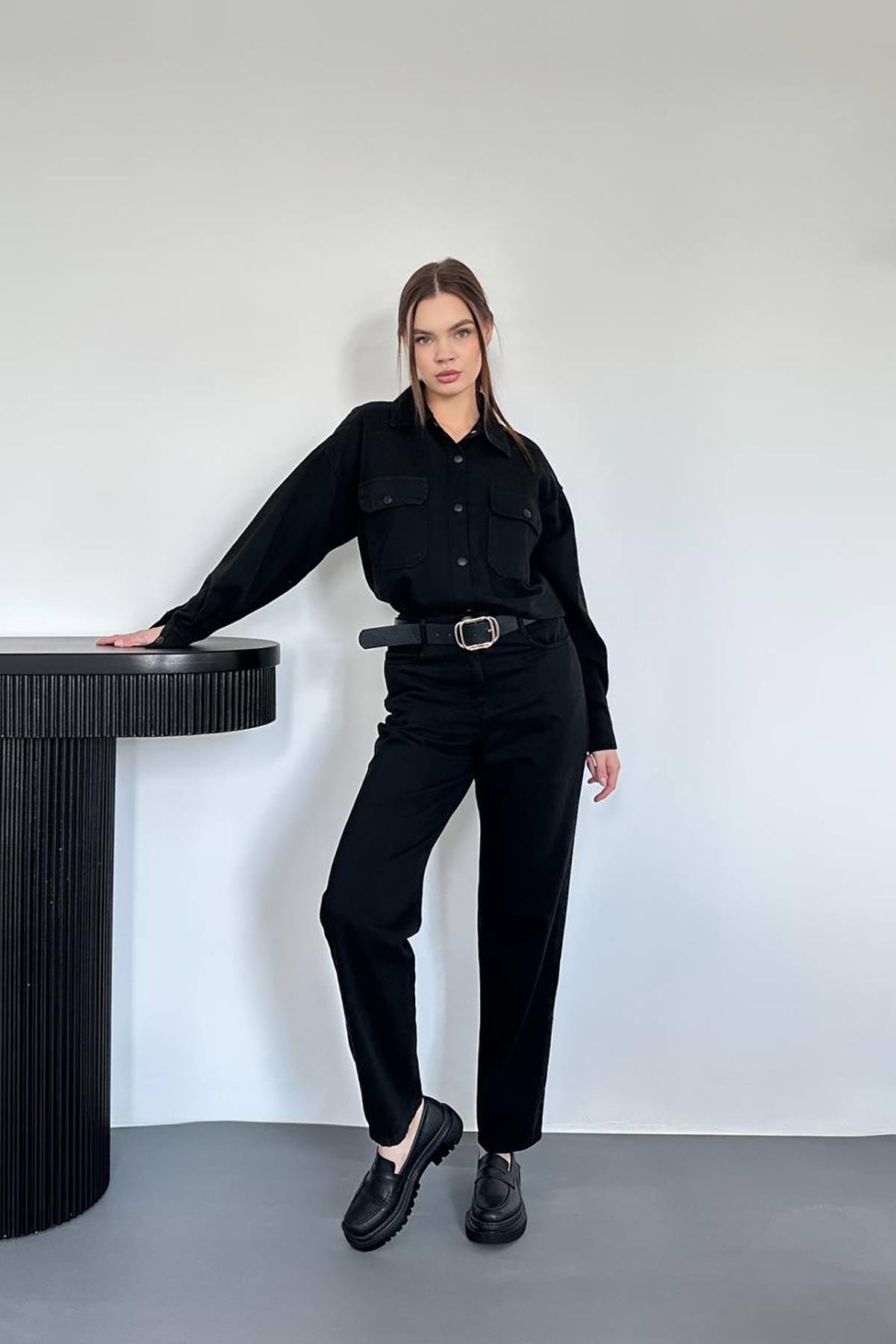 Toptan Siyah Yıkamalı Gömlek ve Pantolon Takım