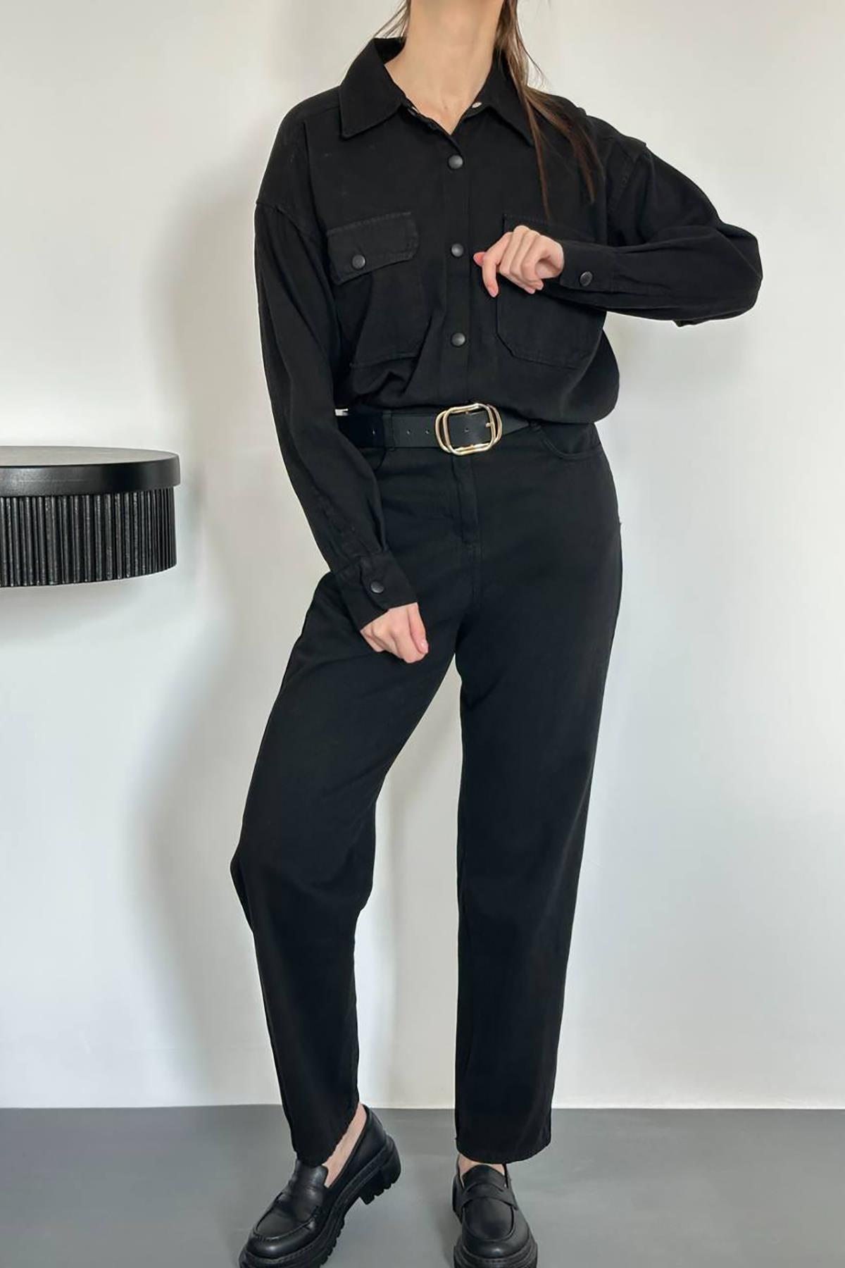 Toptan Siyah Yıkamalı Gömlek ve Pantolon Takım