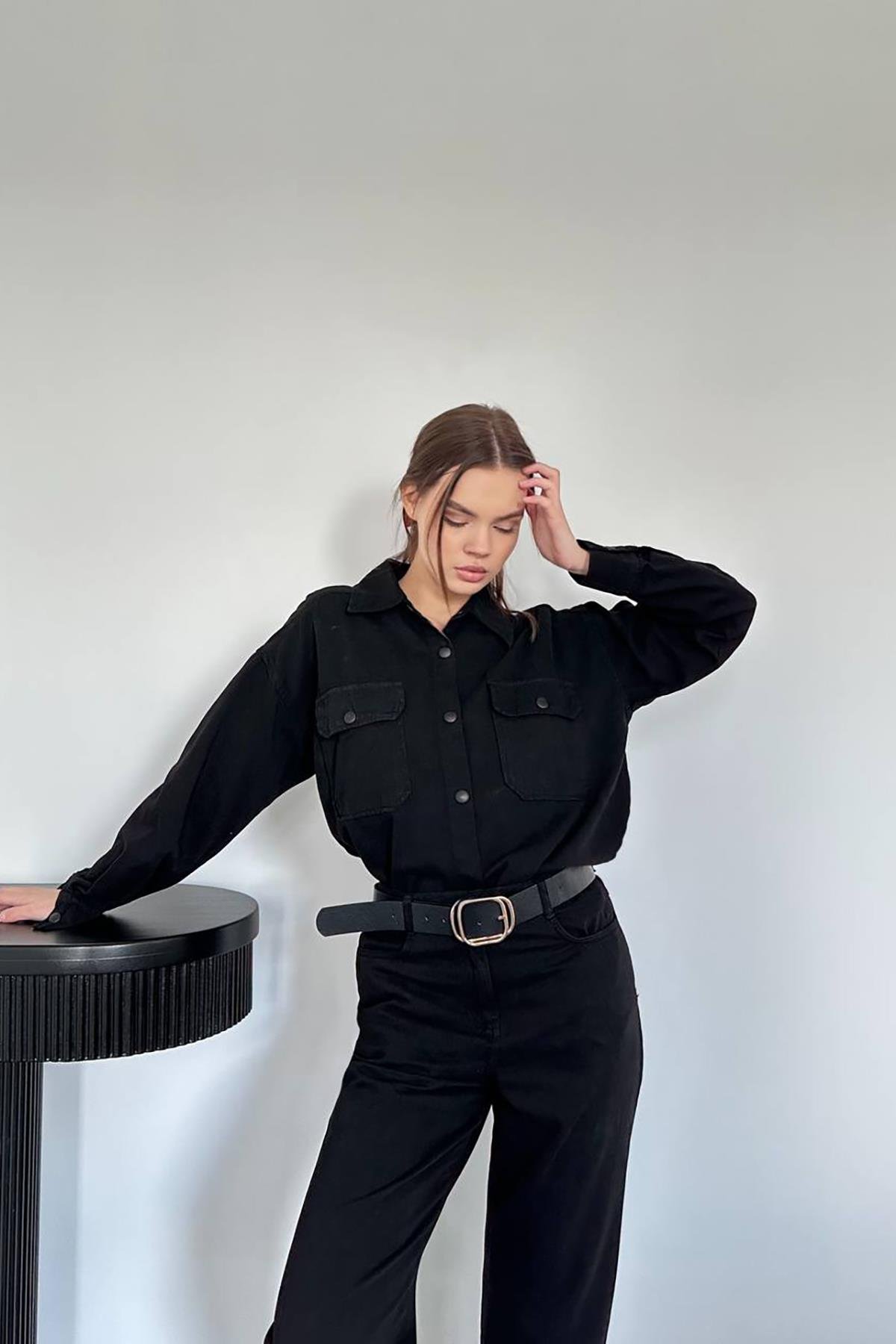 Toptan Siyah Yıkamalı Gömlek ve Pantolon Takım