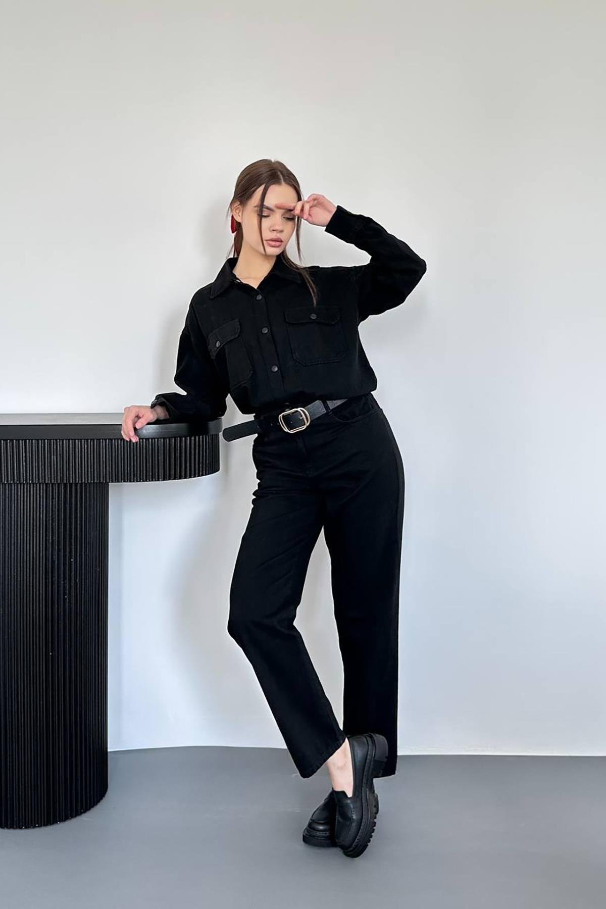 Toptan Siyah Yıkamalı Gömlek ve Pantolon Takım