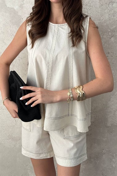 Beige Painted Suit With Stitching Detail