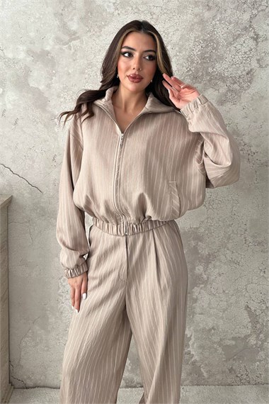 Beige Striped Two-Piece Set