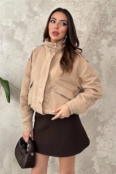 Beige Stand-Collar Short Jacket