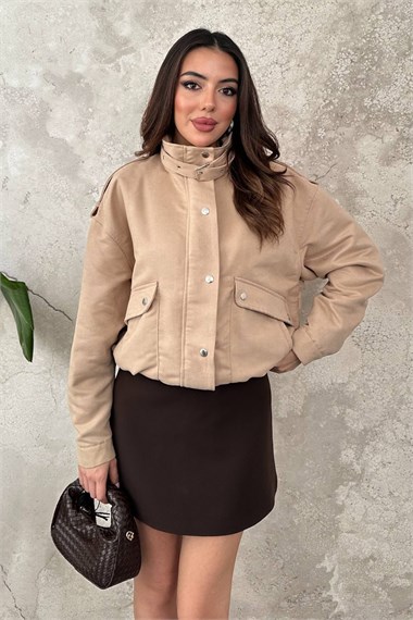 Beige Stand-Collar Short Jacket