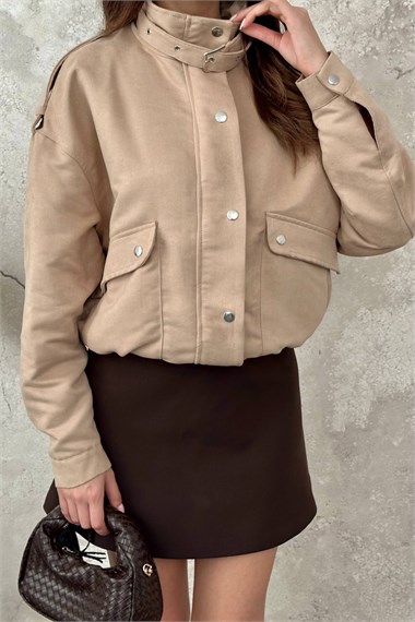 Beige Stand-Collar Short Jacket