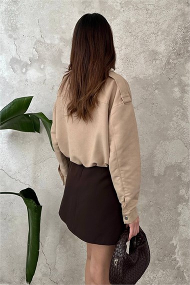 Beige Stand-Collar Short Jacket