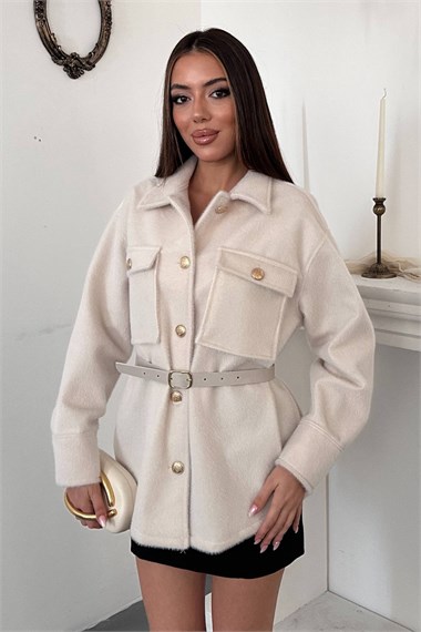 Beige Cashmere Shirt With Gold Buttons