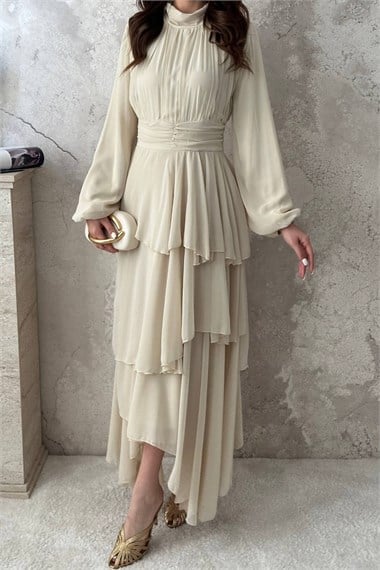 Beige Layered Dress with Waist Detail