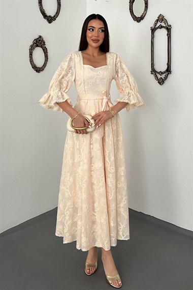 Beige Embroidered Dress With Elasticated Sleeves