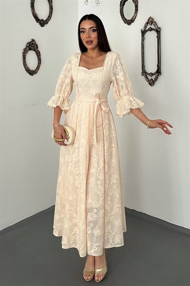 Beige Embroidered Dress With Elasticated Sleeves
