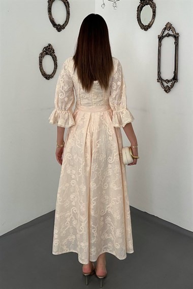 Beige Embroidered Dress With Elasticated Sleeves