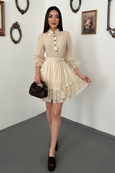 Beige Front Buttoned Lace Dress