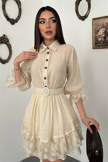Beige Front Buttoned Lace Dress
