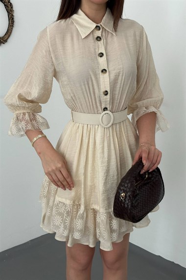 Beige Front Buttoned Lace Dress