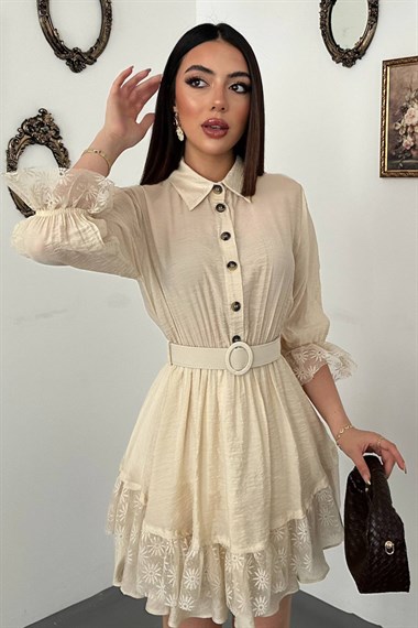 Beige Front Buttoned Lace Dress