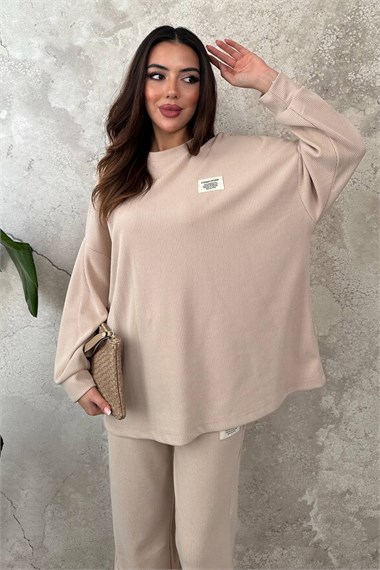 Beige Classic Corduroy Sweater And Trousers Set
